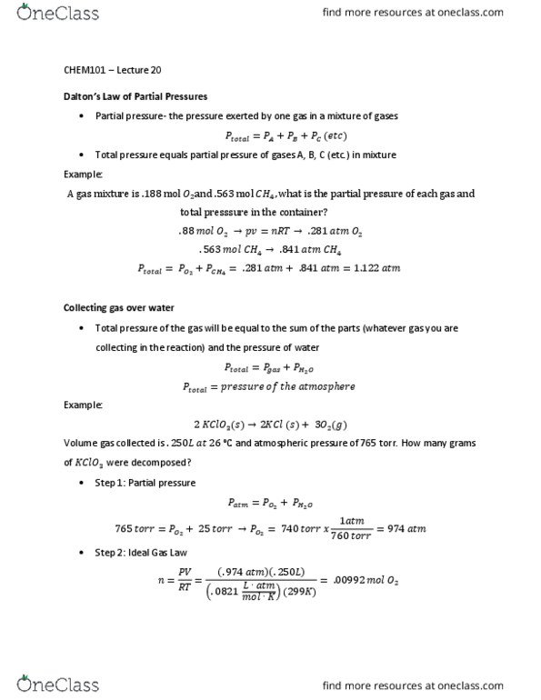 CHEM101 Lecture Notes - Lecture 20: Ideal Gas Law, Partial Pressure, Intermolecular Force thumbnail
