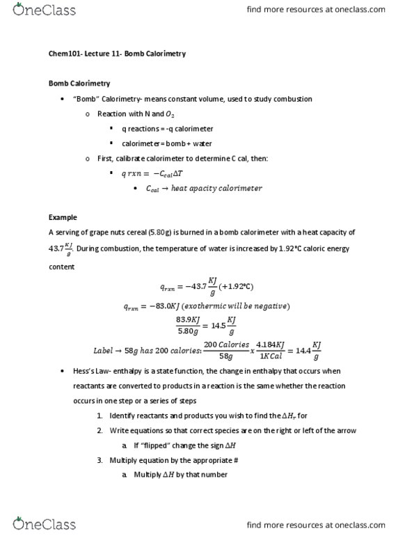 CHEM101 Lecture Notes - Lecture 11: Calorimetry thumbnail