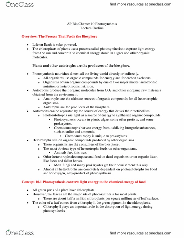 BIOL 600 Lecture Notes - Lecture 1: Autotroph, Heterotroph, Chlorophyll thumbnail