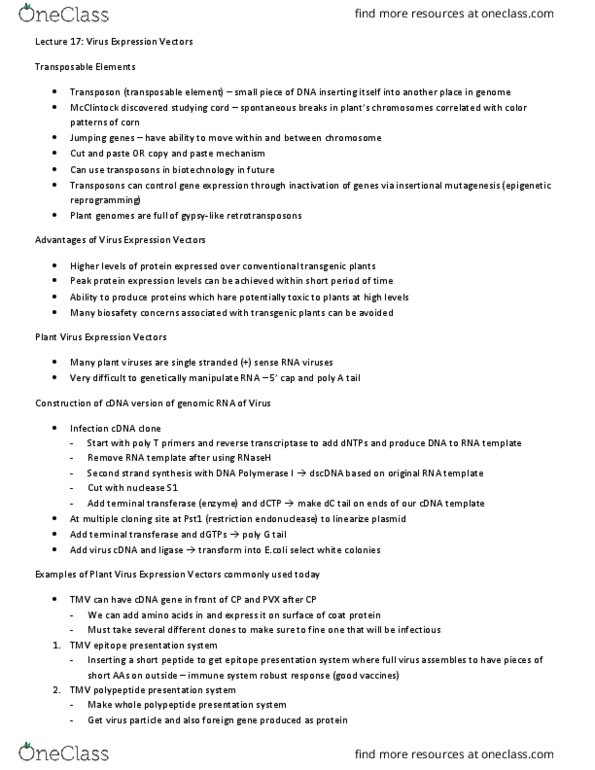 CSB351Y1 Lecture Notes - Lecture 17: Multiple Cloning Site, Insertional Mutagenesis, Genetically Modified Crops thumbnail