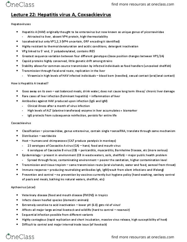 CSB351Y1 Lecture Notes - Lecture 20: Coxsackievirus, Picornavirus, Enterovirus thumbnail