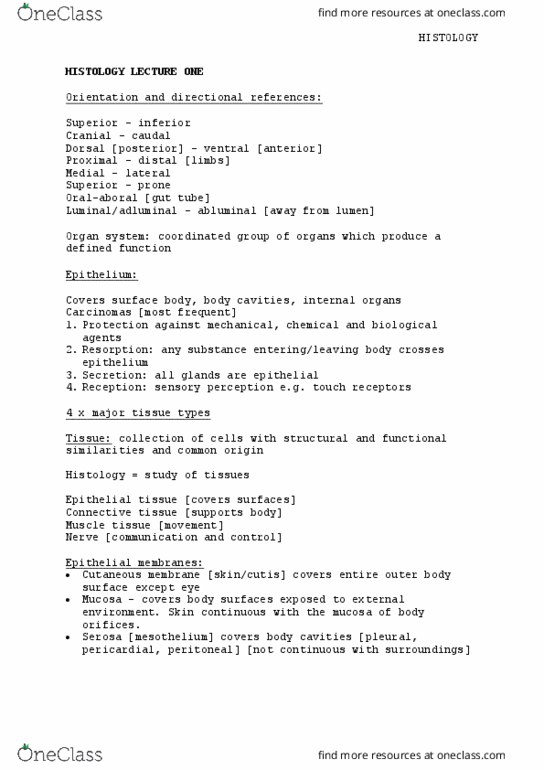 BIOM3002 Lecture Notes - Lecture 1: Gastrointestinal Tract, Mesothelium, Histology thumbnail