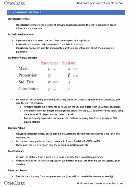 STAT1008 Lecture Notes - Lecture 3: Confidence Interval, Statistical Parameter, Interval Estimation thumbnail