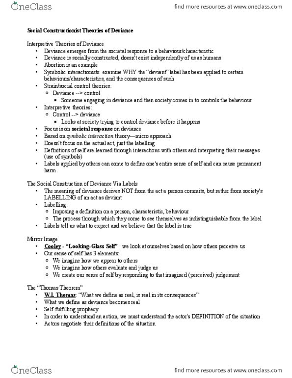 Sociology 2259 Lecture Notes - George Herbert Mead, Labeling Theory, Erving Goffman thumbnail