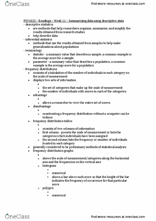 PSY1022 Chapter Notes - Chapter Prescribed: Unimodality, Statistical Inference, Central Tendency thumbnail