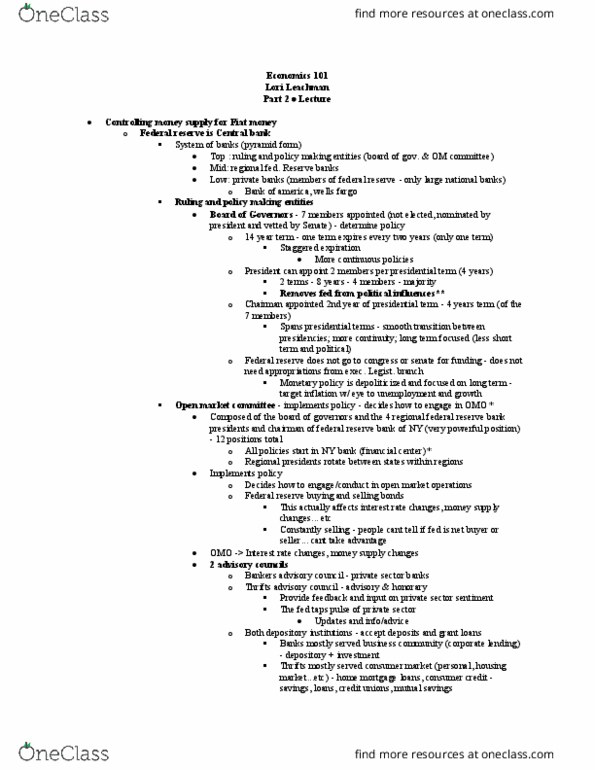 ECON 101 Lecture Notes - Lecture 2: Interest Rate, Reserve Requirement, Open Market Operation thumbnail