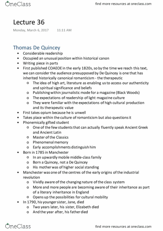 ENG308Y1 Lecture Notes - Lecture 36: Thomas De Quincey, Valorisation, Recreational Drug Use thumbnail