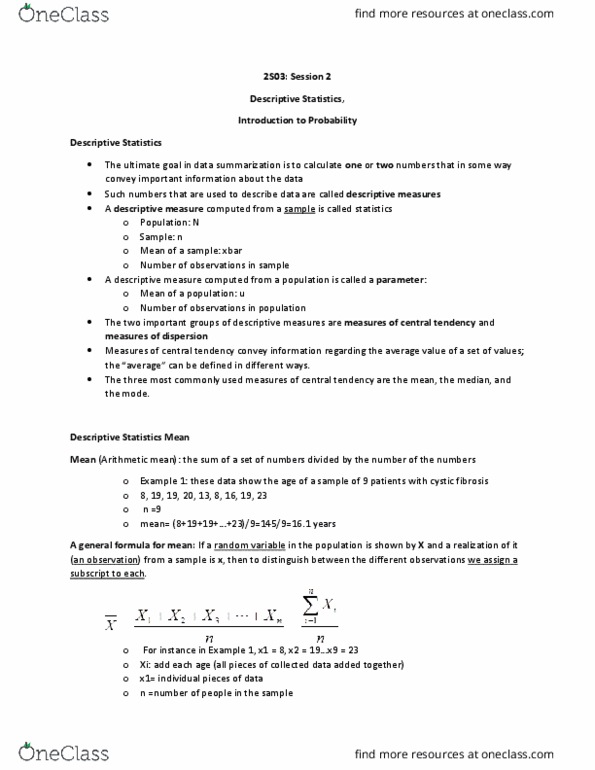 HTHSCI 2S03 Lecture Notes - Lecture 2: Central Tendency, Standard Deviation, Skewness thumbnail