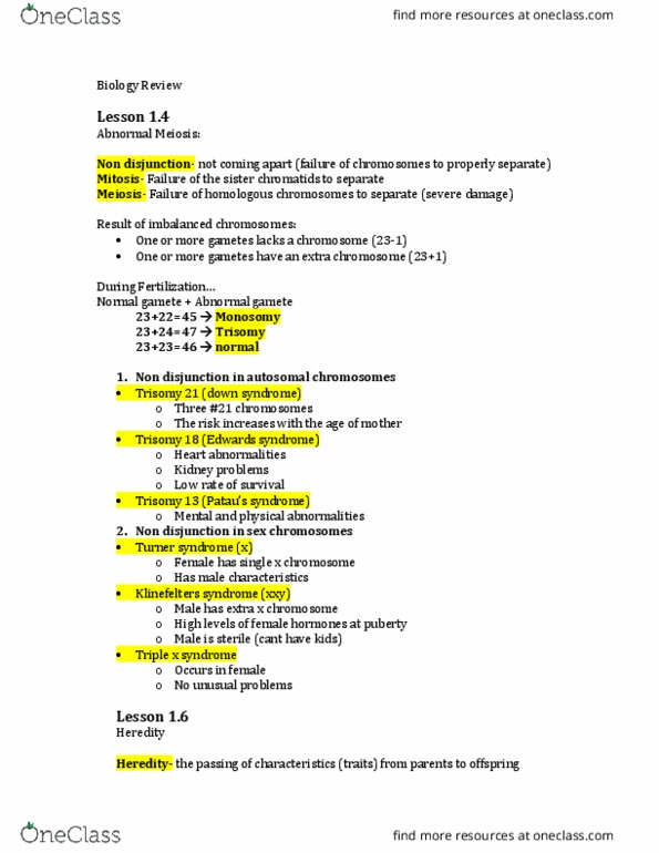 BI111 Lecture Notes - Lecture 9: Mitosis, Meiosis, Down Syndrome thumbnail