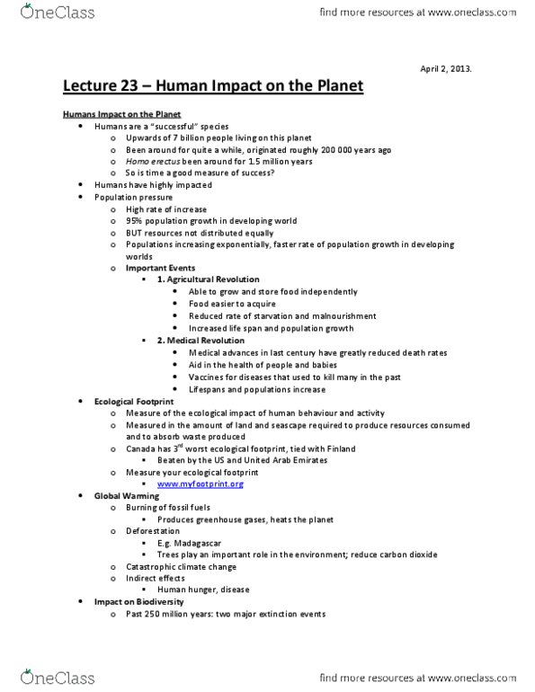 ANT203Y1 Lecture Notes - Woolly Mammoth, Ecological Footprint, Homo Erectus thumbnail
