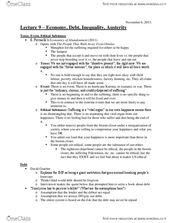 ANT204H1 Lecture Notes - Lecture 9: Debt Of Developing Countries, David Graeber, Malaria thumbnail