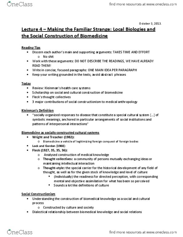 ANT100Y1 Lecture Notes - Lecture 4: Biomedicine, Social Constructionism, Discourse Analysis thumbnail