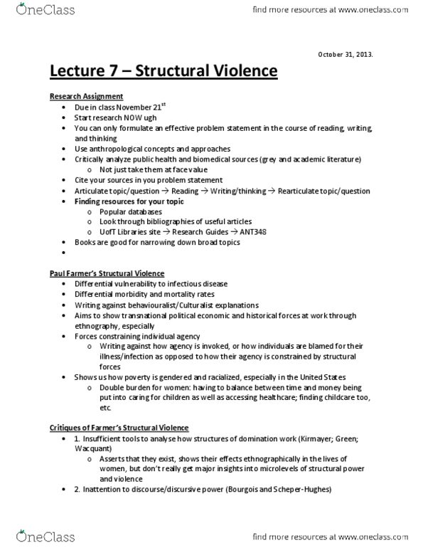 ANT100Y1 Lecture Notes - Lecture 7: Structural Violence, Double Burden, Attention thumbnail