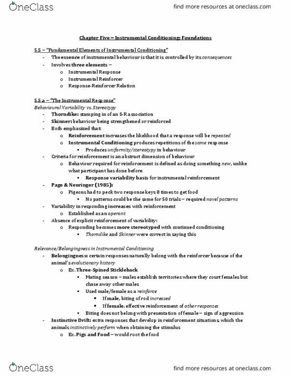 PS261 Chapter Notes - Chapter 5: Stereotypy, Operant Conditioning, Contiguity thumbnail