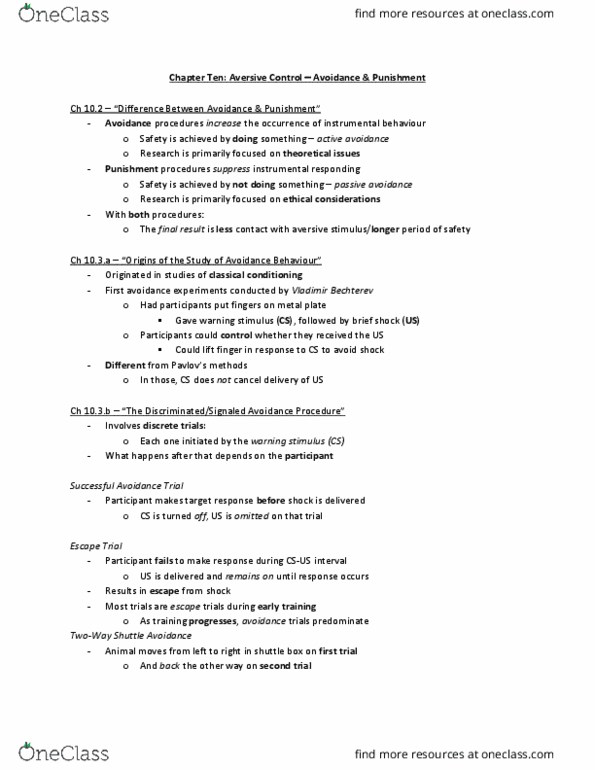PS261 Chapter Notes - Chapter 10: Operant Conditioning, Forced Exposure, Classical Conditioning thumbnail