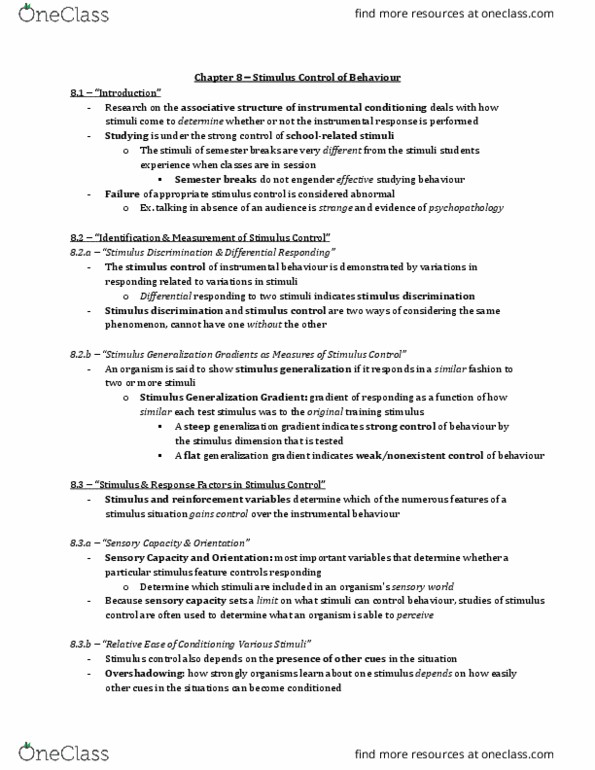 PS261 Chapter Notes - Chapter 8: Psychoactive Drug, Equivalence Class, Stimulus Control thumbnail