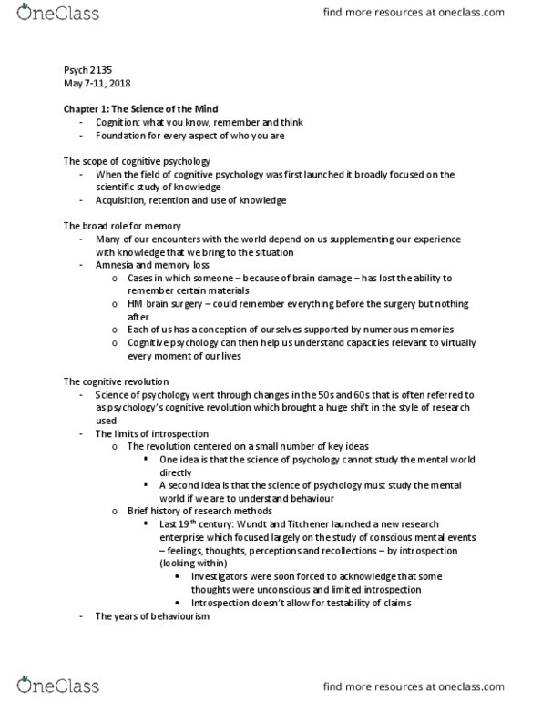 Psychology 2135A/B Chapter Notes - Chapter 1: Memory Span, Edward B. Titchener, Cognitive Revolution thumbnail