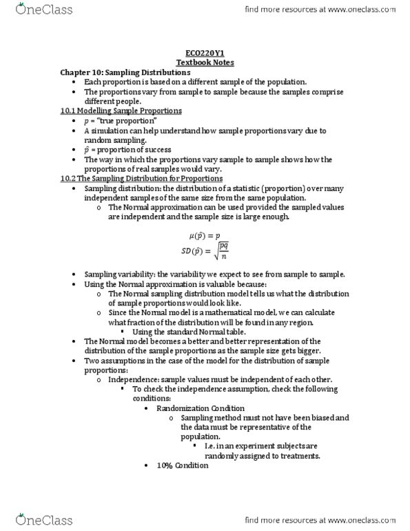 ECO220Y1 Chapter Notes - Chapter 10: Central Limit Theorem, Sampling Distribution, Sample Size Determination thumbnail