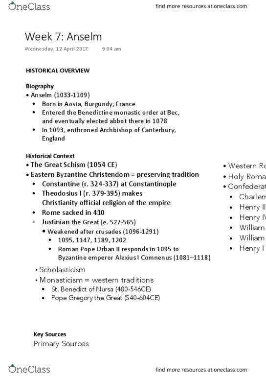 HUMA1010 Lecture Notes - Lecture 7: Komnenos, Pope Urban Ii, Western Roman Empire thumbnail