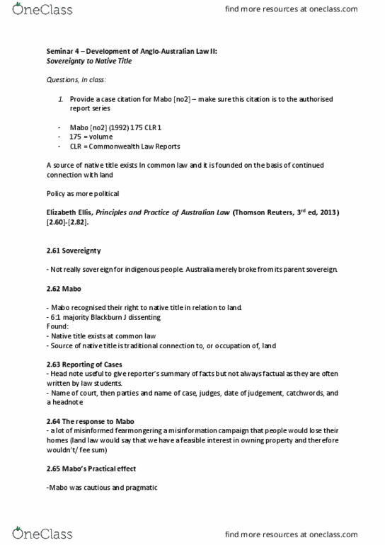 70102 Lecture Notes - Lecture 4: Case Citation, Headnote, Native Title Act 1993 thumbnail
