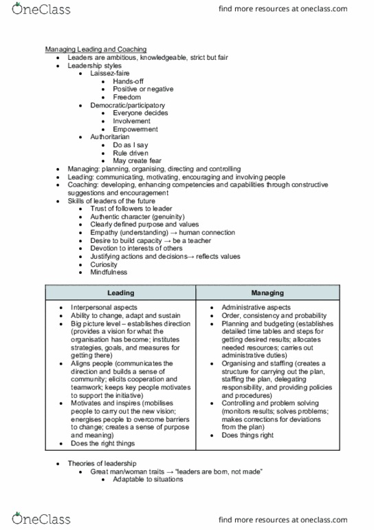 MGMT 110 Lecture Notes - Lecture 2: Transactional Leadership, Charismatic Authority thumbnail