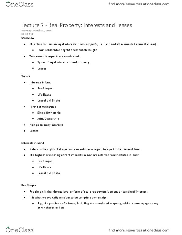 LAW 603 Lecture Notes - Lecture 7: Beneficiary (Trust), Concurrent Estate, Lease thumbnail