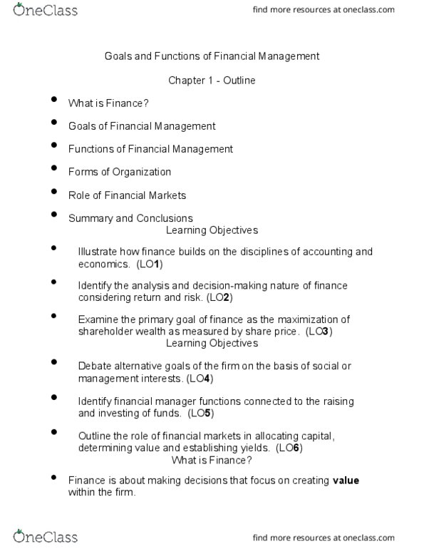 Business Administration - Financial Planning RFC125 Chapter Notes - Chapter 1: Corporate Finance, Capital Budgeting, Capital Structure thumbnail
