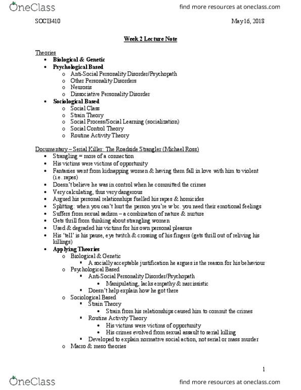 SOCI 3410 Lecture Notes - Lecture 4: Routine Activity Theory, Social Control Theory, Serial Killer thumbnail