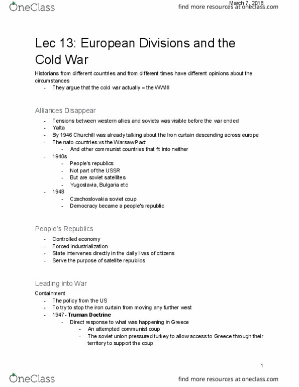 CLA 1101 Lecture Notes - Lecture 13: Marshall Plan, Anti-Communism, Treaty Establishing The European Defence Community thumbnail