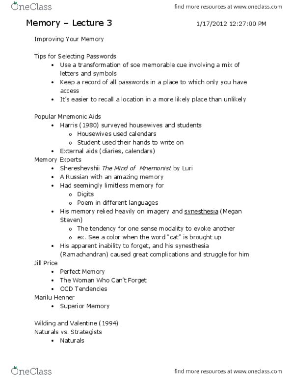 PSYCH 140M Lecture Notes - Mnemonist, Mnemonic, Marilu Henner thumbnail