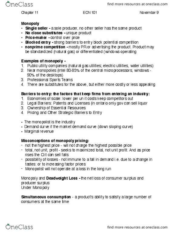 ECN 101 Chapter Notes - Chapter 11: Network Effect, Price Discrimination, Monopoly thumbnail