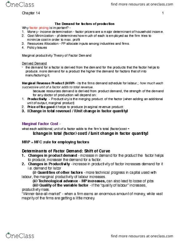 ECN 101 Chapter Notes - Chapter 14: Ceteris Paribus, Perfect Competition, Marginal Revenue Productivity Theory Of Wages thumbnail