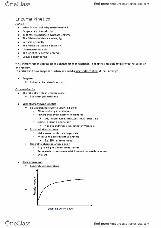 BIOC2101 Lecture Notes - Lecture 4: Turnover Number, Phenylalanine, Lysozyme thumbnail
