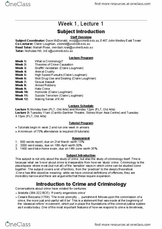 CRIM10001 Lecture Notes - Lecture 1: Jeremy Bentham, Sidney Myer, Cesare Beccaria thumbnail