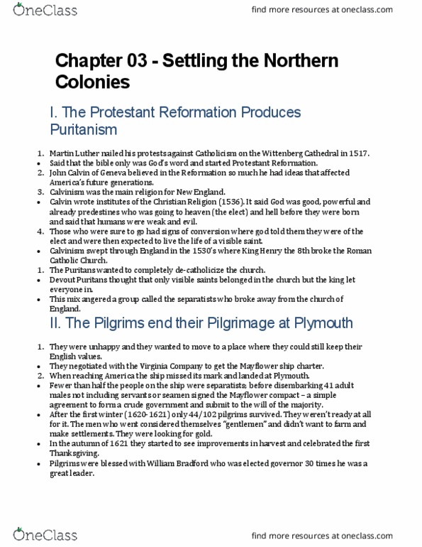 HY 101 Lecture Notes - Lecture 5: John Calvin, Puritans thumbnail