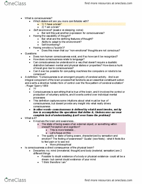 PSYC 215 Lecture Notes - Lecture 20: Pineal Gland, Roger Wolcott Sperry, Qualia thumbnail