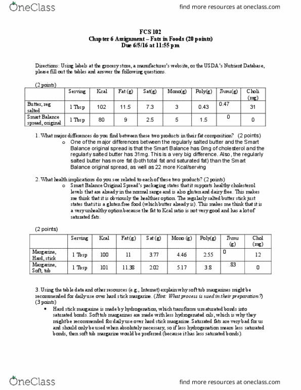 FCS 102 Lecture Notes - Lecture 6: Monounsaturated Fat, Coconut Oil, Safflower thumbnail