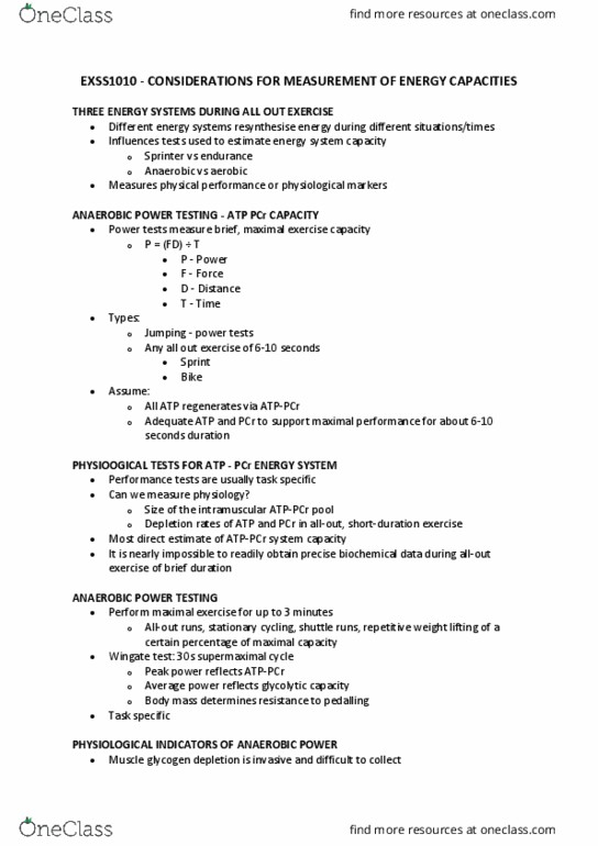 EXSS1010 Lecture Notes - Lecture 7: Exercise Intensity, Vo2 Max, Glycolysis thumbnail