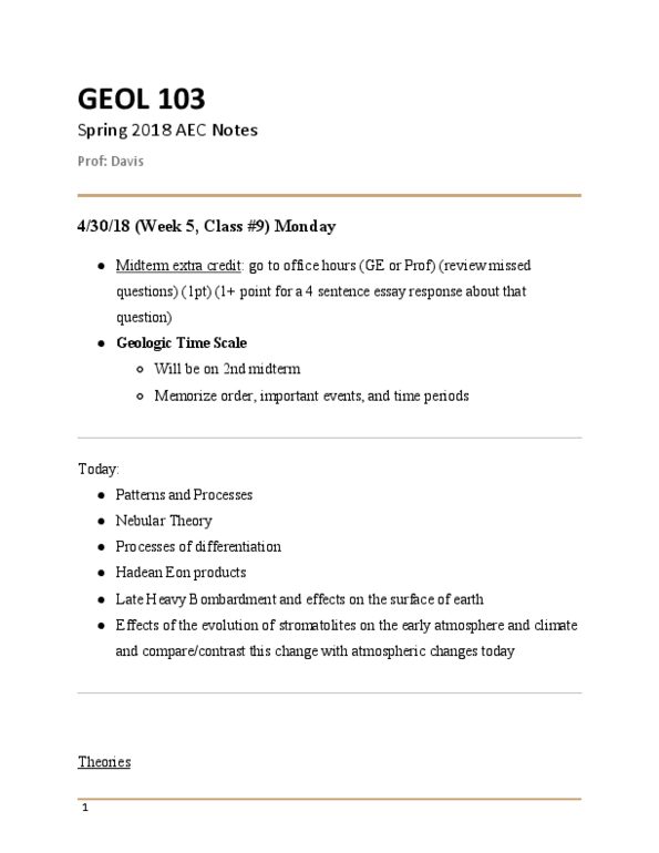 GEOL 103 Lecture Notes - Lecture 9: Abiogenesis, Archean, Photosynthesis thumbnail