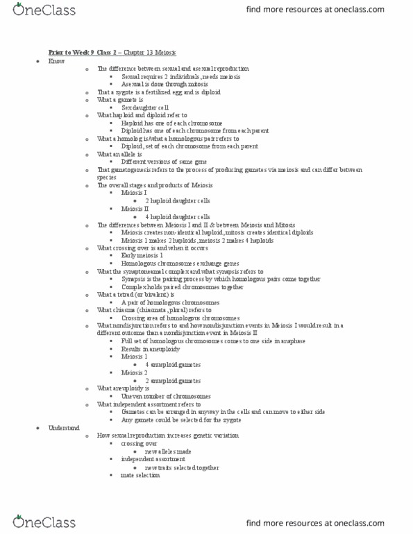 BIO 122 Lecture Notes - Lecture 9: Multicellular Organism, Mendelian Inheritance, Nondisjunction thumbnail