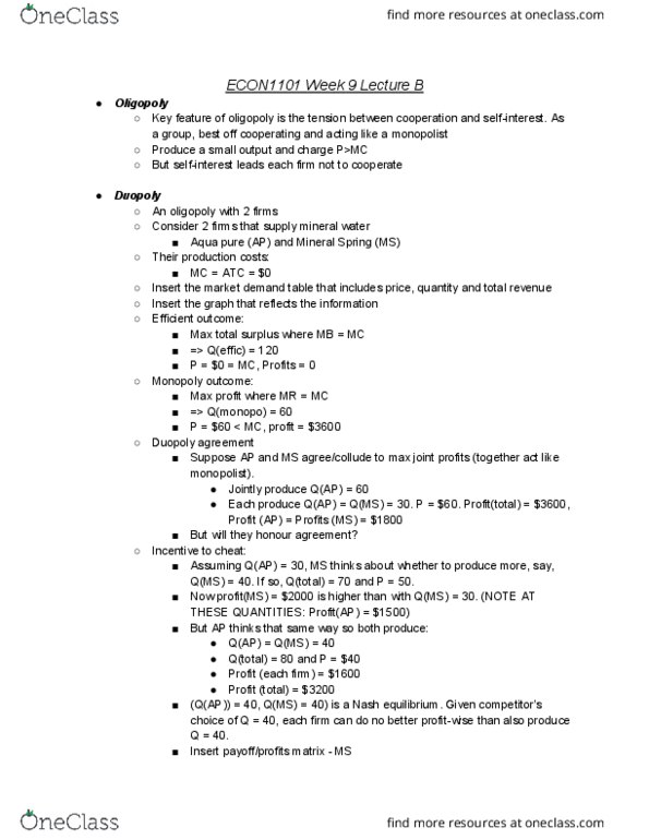 ECON1101 Lecture Notes - Lecture 26: Perfect Competition, Nash Equilibrium, Oligopoly thumbnail