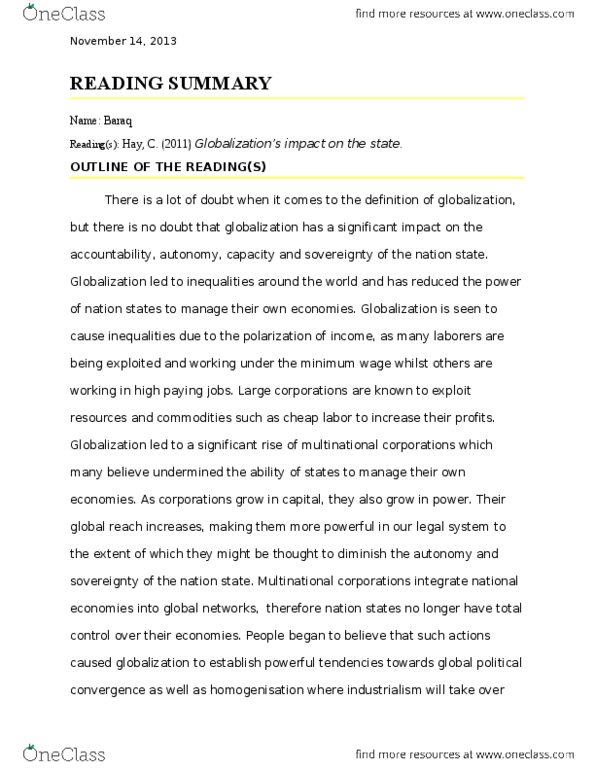 SOSC 1340 Chapter Notes -Economic Globalization thumbnail
