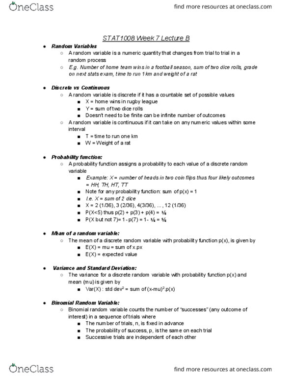 STAT1008 Lecture Notes - Lecture 20: Week, Random Variable, Countable Set thumbnail