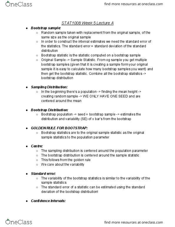 STAT1008 Lecture Notes - Lecture 13: Confidence Interval, Statistic, Standard Deviation thumbnail