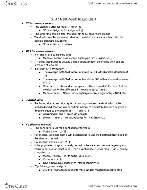 STAT1008 Lecture Notes - Lecture 28: Test Statistic, Dependent And Independent Variables, Figma thumbnail