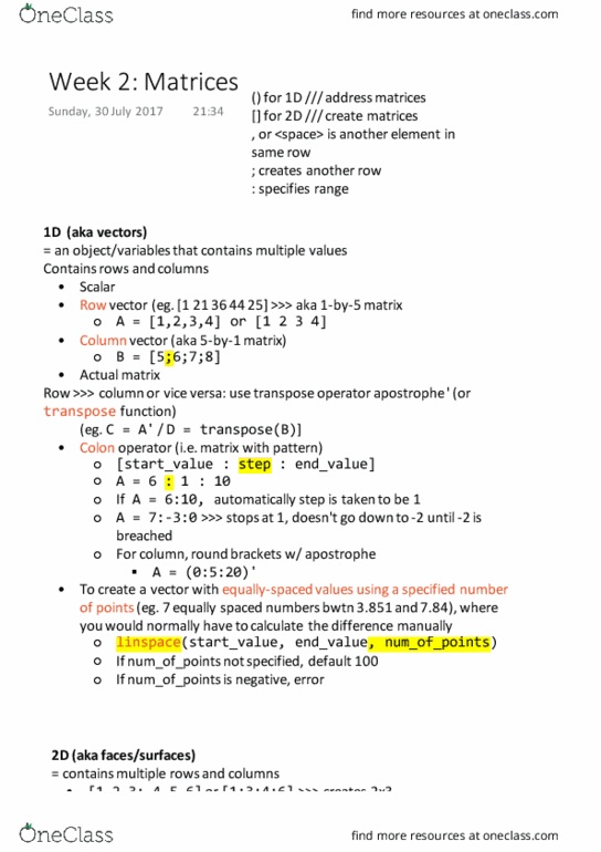 ENG1060 Lecture Notes - Lecture 2: Matlab, Concatenation thumbnail