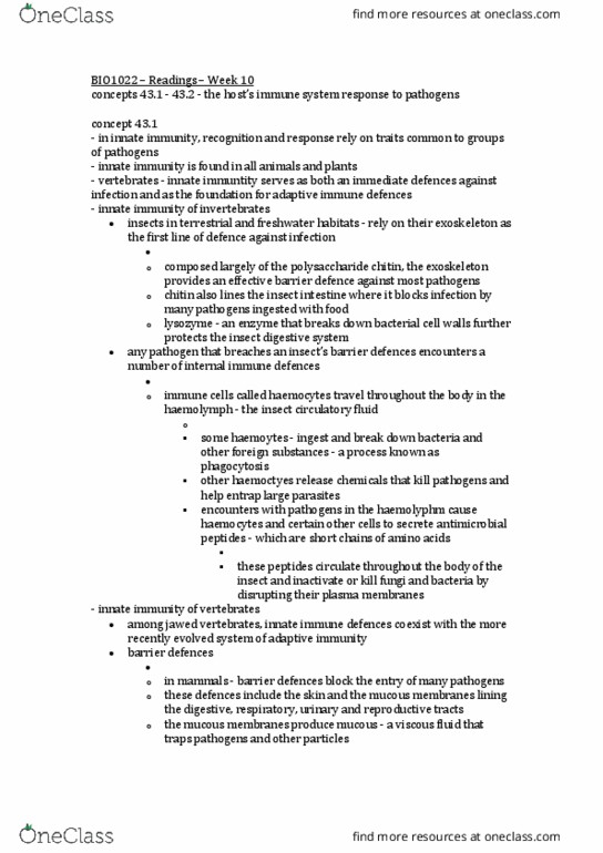 BIO1022 Chapter Notes - Chapter Prescribed: Antigen, Histocompatibility, Mutation Rate thumbnail