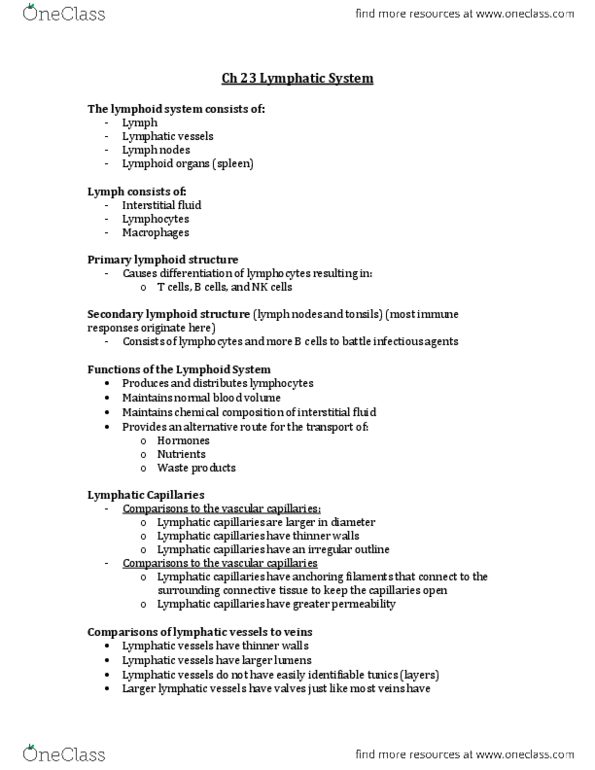 BIO 121 Lecture Notes - Memory T Cell, Lymphatic Vessel, Thoracic Duct thumbnail