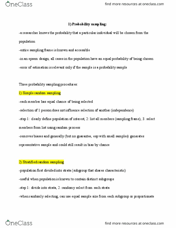 PS295 Lecture Notes - Lecture 7: Cluster Sampling, Simple Random Sample, Sampling Frame thumbnail