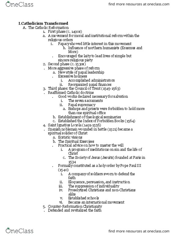 HY 102 Lecture Notes - Lecture 40: Ignatius Of Loyola, Papal Supremacy, Counter-Reformation thumbnail